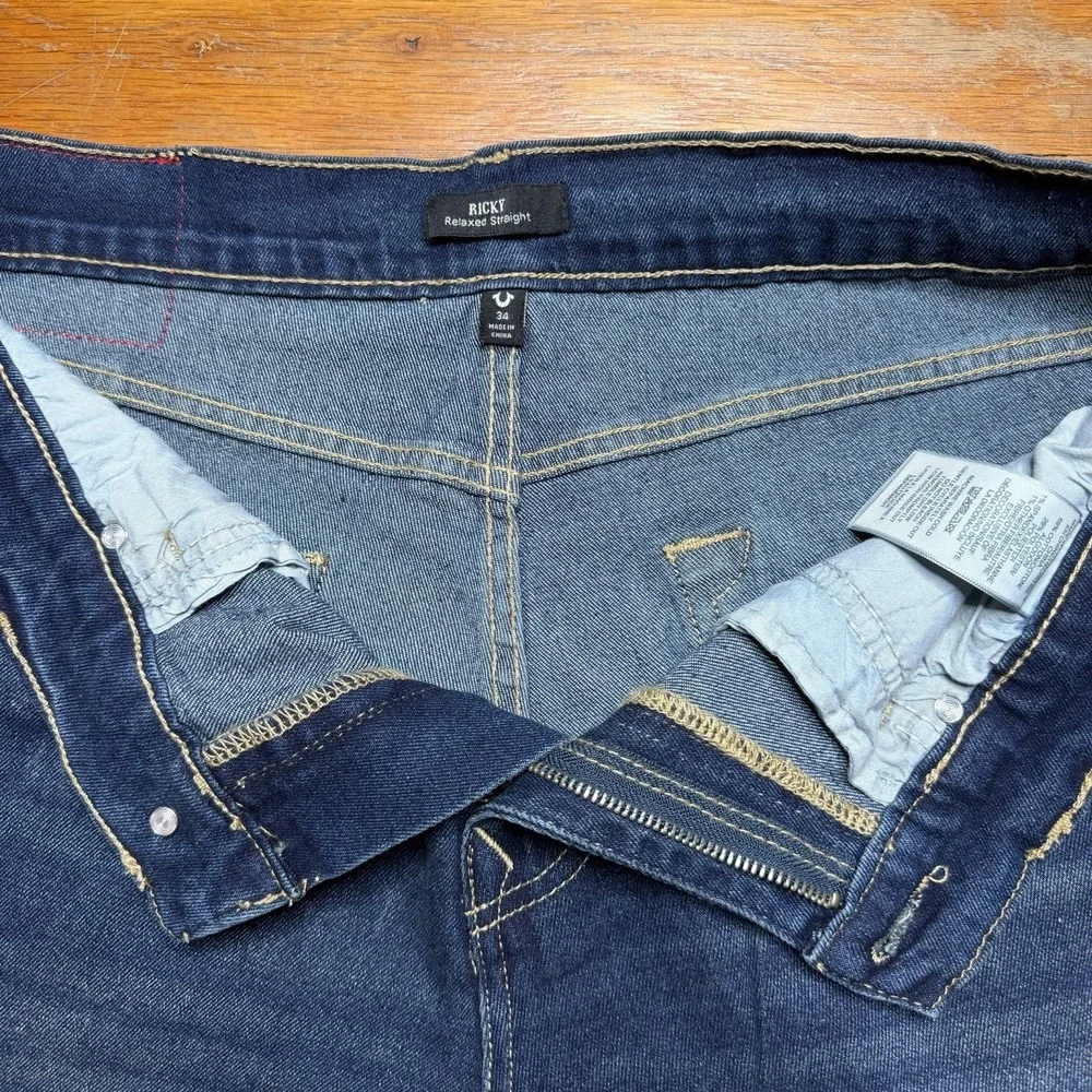 True Religion Men's 34x34 Ricky Jeans Relaxed Straight Blue Dark Wash‎